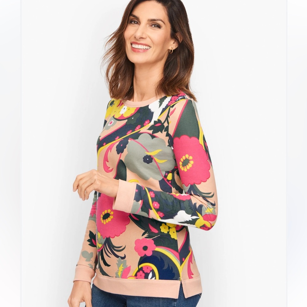 Talbots Paisley Print Crewneck Blouson Sleeve Sweatshirt Pink Women's LP